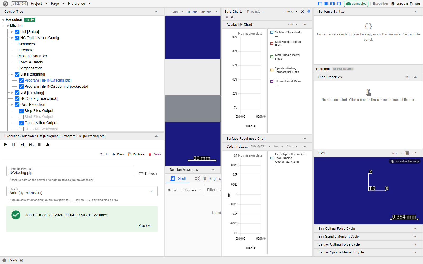 The Program File command panel in the Control Tree dock: a program file path field with a Browse button, a Play As select reading Auto, and a green file information banner giving size, modified time and line count with a Preview button