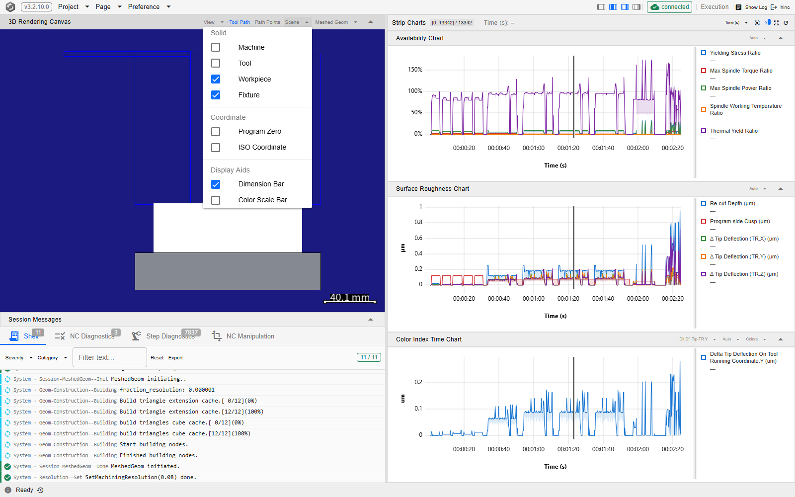 The Execution page with the Scene dropdown open over the 3D canvas, showing Solid with Machine, Tool, Workpiece and Fixture, Coordinate with Program Zero and ISO Coordinate, and Display Aids with Dimension Bar and Color Scale Bar; Workpiece, Fixture and Dimension Bar are ticked, and the Strip Charts column stands to the right
