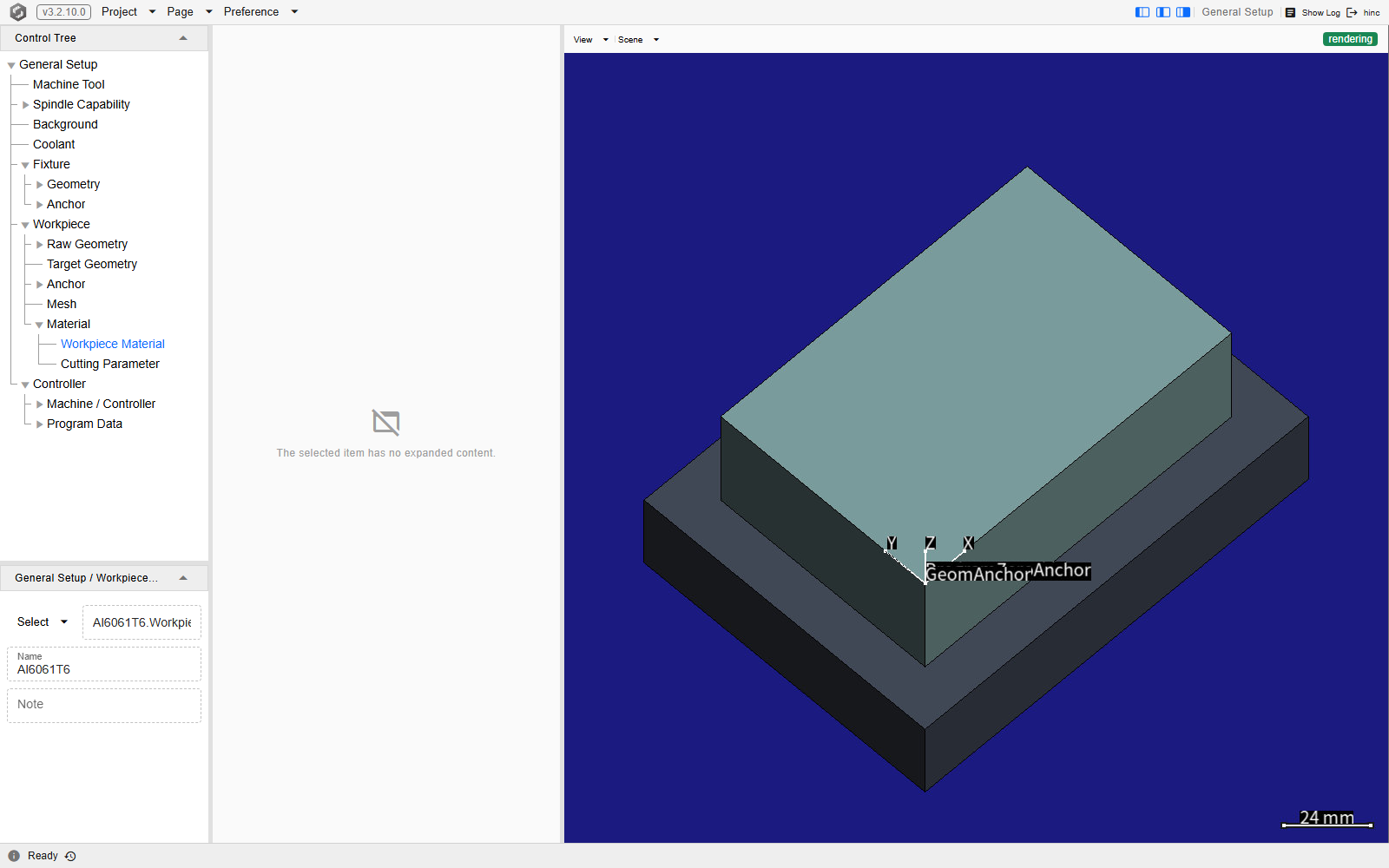 The Workpiece Material item of the Control Tree selected, its panel showing a Select dropdown beside a file path reading Al6061T6.WorkpieceMaterial, a read-only Name field reading Al6061T6 and an empty read-only Note field