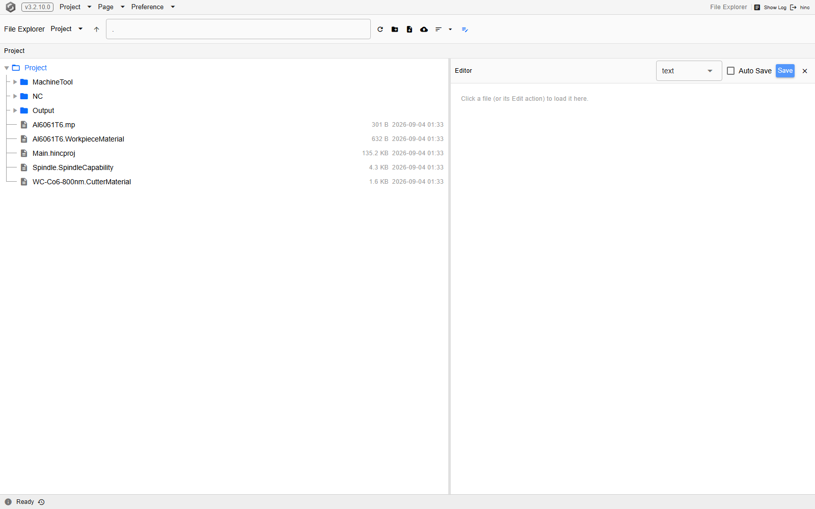 The File Explorer showing the open project's folder under the Project root: the folders MachineTool, NC and Output above five files with their sizes, among them the project file at 135.2 KB and four side files named for a cutting parameter set, a workpiece material, a spindle capability and a cutter material, with the empty text editor pane on the right