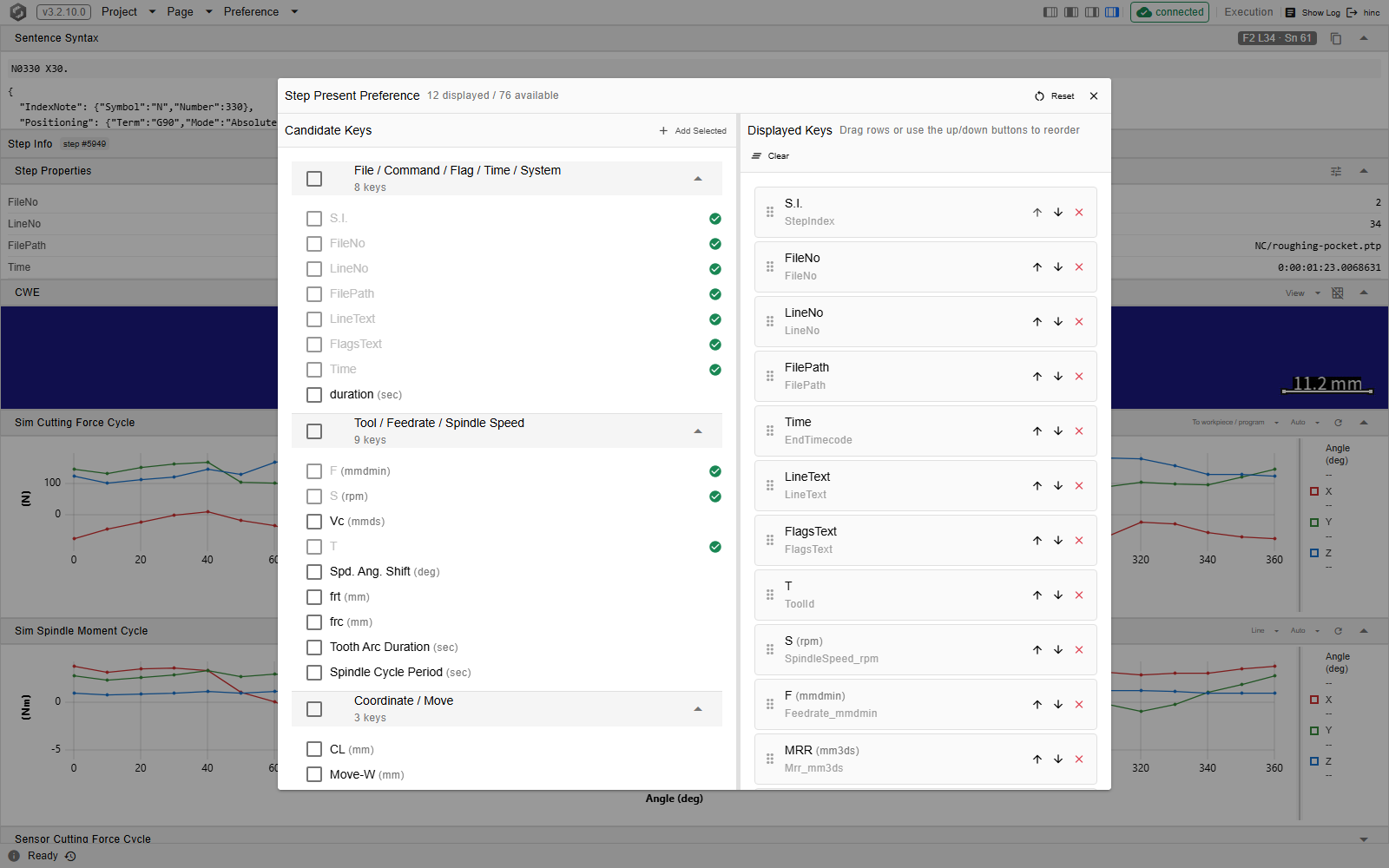 The Step Present Preference dialog open over the Execution page: a header counting displayed against available keys with Reset and close, a Candidate Keys panel on the left with collapsible categories and an Add Selected button, and a Displayed Keys panel on the right listing the chosen properties with up, down and remove buttons and a Clear action