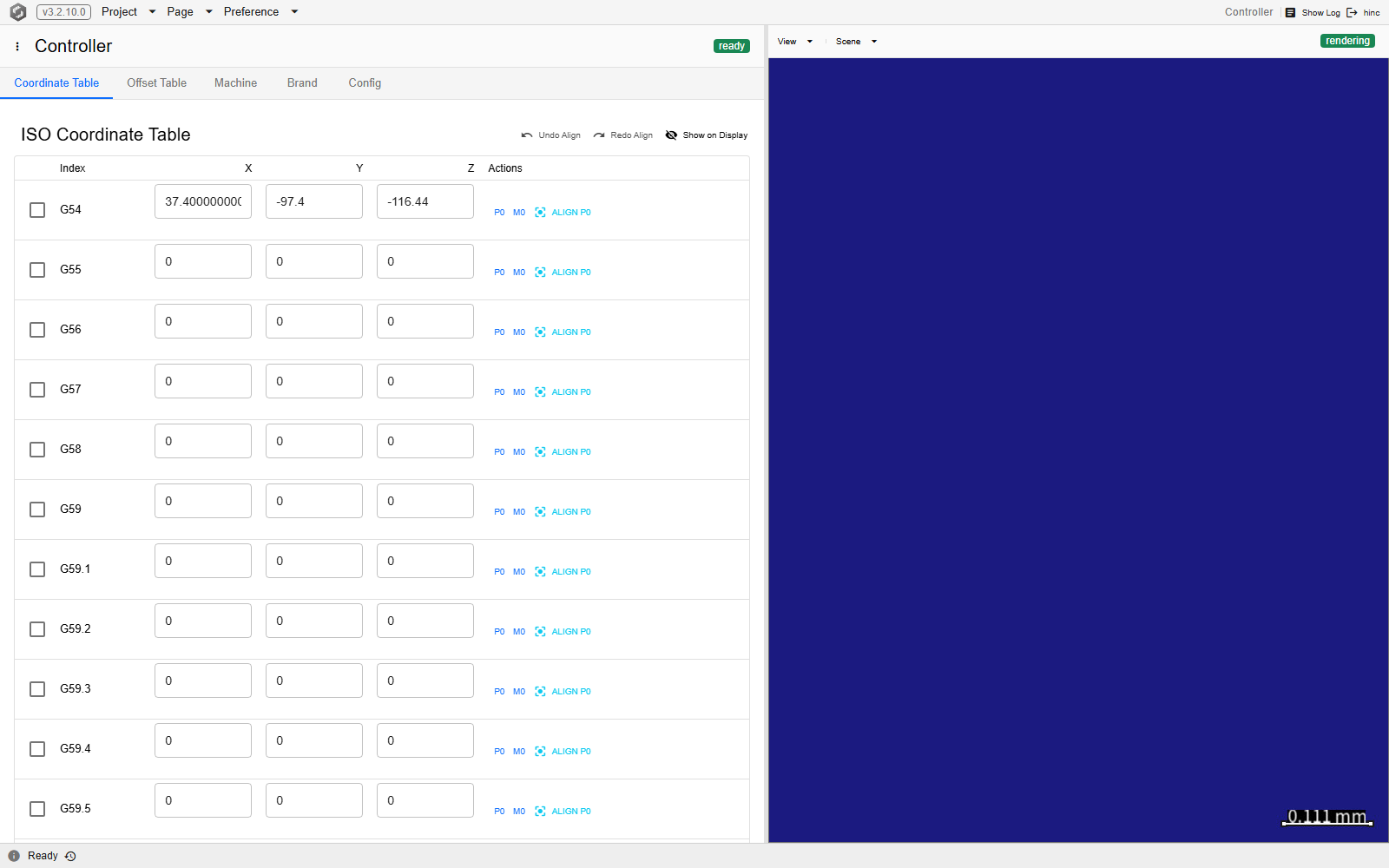 The Legacy Controller on its Coordinate Table tab: five tab buttons, the ISO Coordinate Table with its Undo Align, Redo Align and Show on Display toolbar, and fifteen work-offset rows each carrying P0, M0 and Align P0 in an Actions column