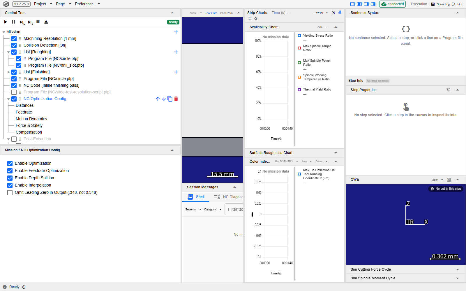 The Control Tree on the Execution page, with the six transport buttons and a green ready badge above the tree and the Mission root row carrying a + at its right edge; among the command rows, each with a checkbox and a drag handle, NC Optimization Config is selected with its move up, move down, duplicate and delete buttons revealed at the right, and Distances, Feedrate, Motion Dynamics, Force & Safety and Compensation are listed beneath it without checkboxes, with a greyed, unticked Post-Execution row at the pane's bottom edge below them; the panel below is headed Mission / NC Optimization Config and shows Enable Optimization, Enable Feedrate Optimization, Enable Depth Splition and Enable Interpolation ticked above an unticked Omit Leading Zero in Output