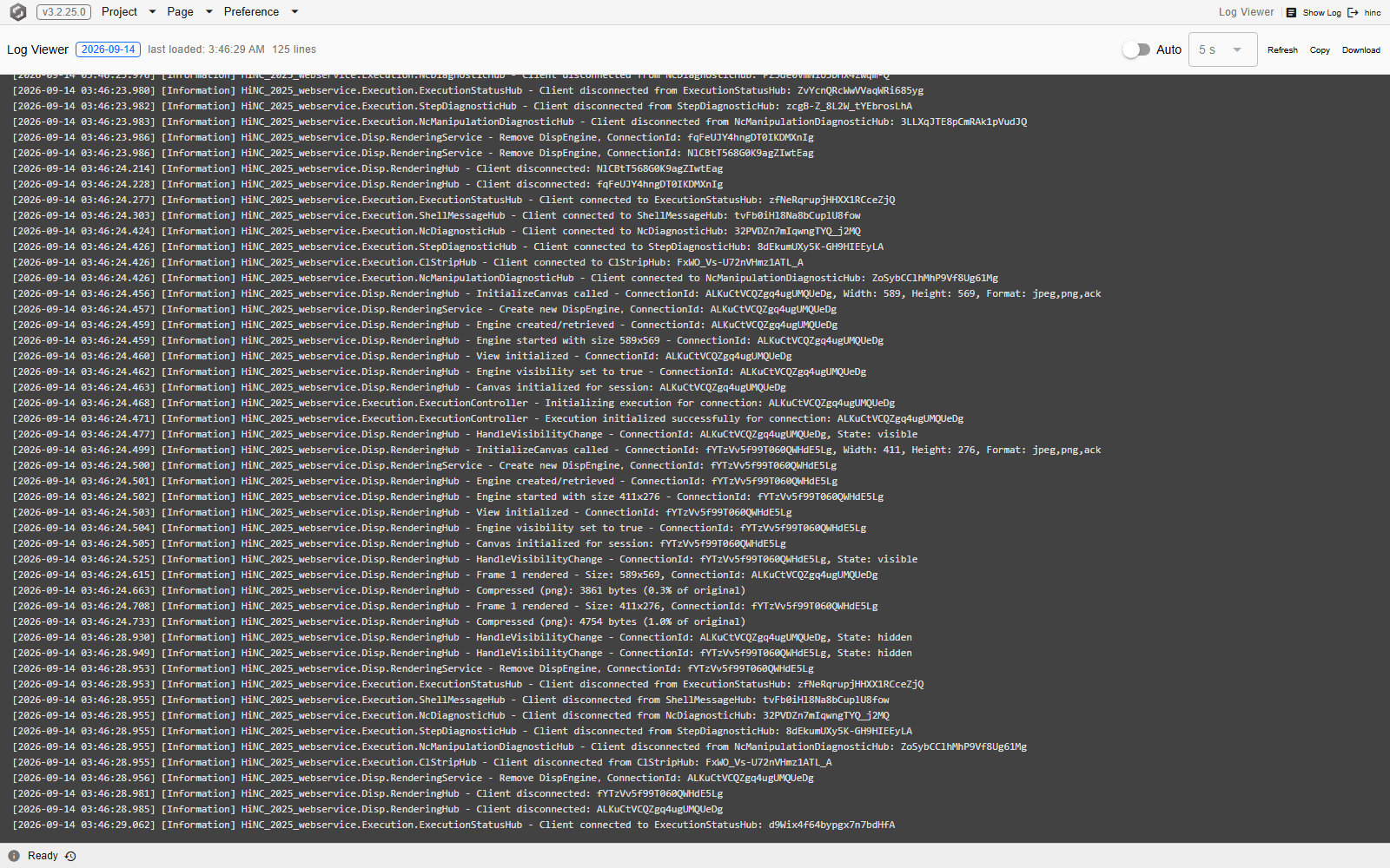 The Log Viewer: a header row with a day badge, a last-loaded time, a line count, an Auto toggle switched off beside a 5 s interval, and Refresh, Copy and Download at the right; below it a dark monospaced pane, scrolled to the end of the file, whose lines record a screen's connections arriving together, the four message lists among them, then a stretch of canvas rendering and frame compression, then the same connections leaving together